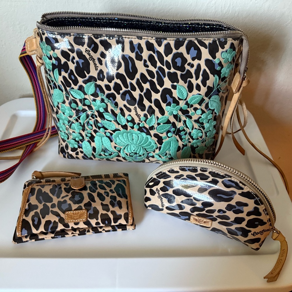 Consuela Brown and Green Shoulder Bag with Leopard Print